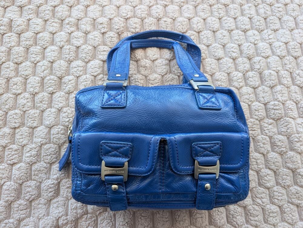 Michael Kors Royal Blue Patent Leather Ranger Satchel Purse Large Silver Y2K